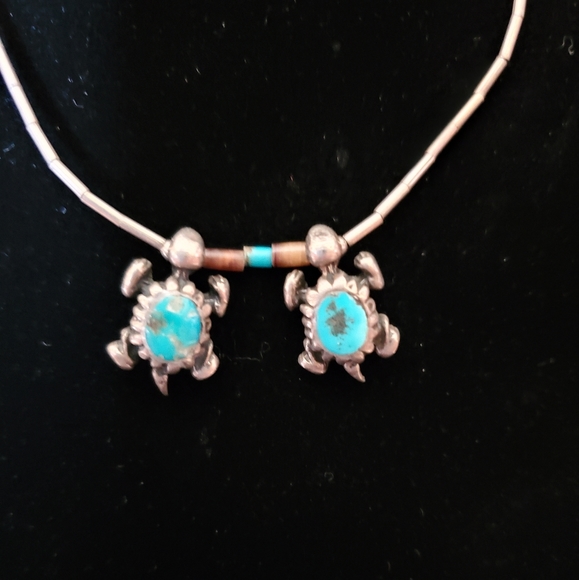 Two Turquoise Turtles Southwest Silver Bead Necklace Boho - Picture 2 of 11